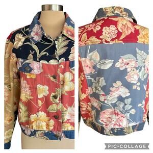 Stonebridge Red Blue Tan Floral Jean Jacket LGp Cottagecore Grannycore Romantic